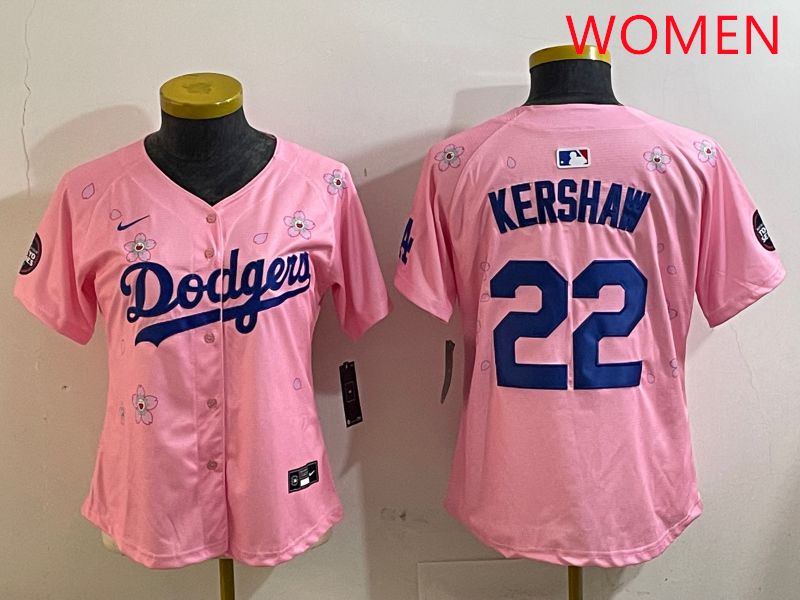 Women Los Angeles Dodgers #22 Kershaw Pink White Blue Sakura Edition 2025 Nike MLB Jersey style 1->women mlb jersey->Women Jersey